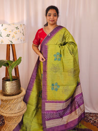 Premium Soft Semi Tussar with Digital Prints - Green with Purple