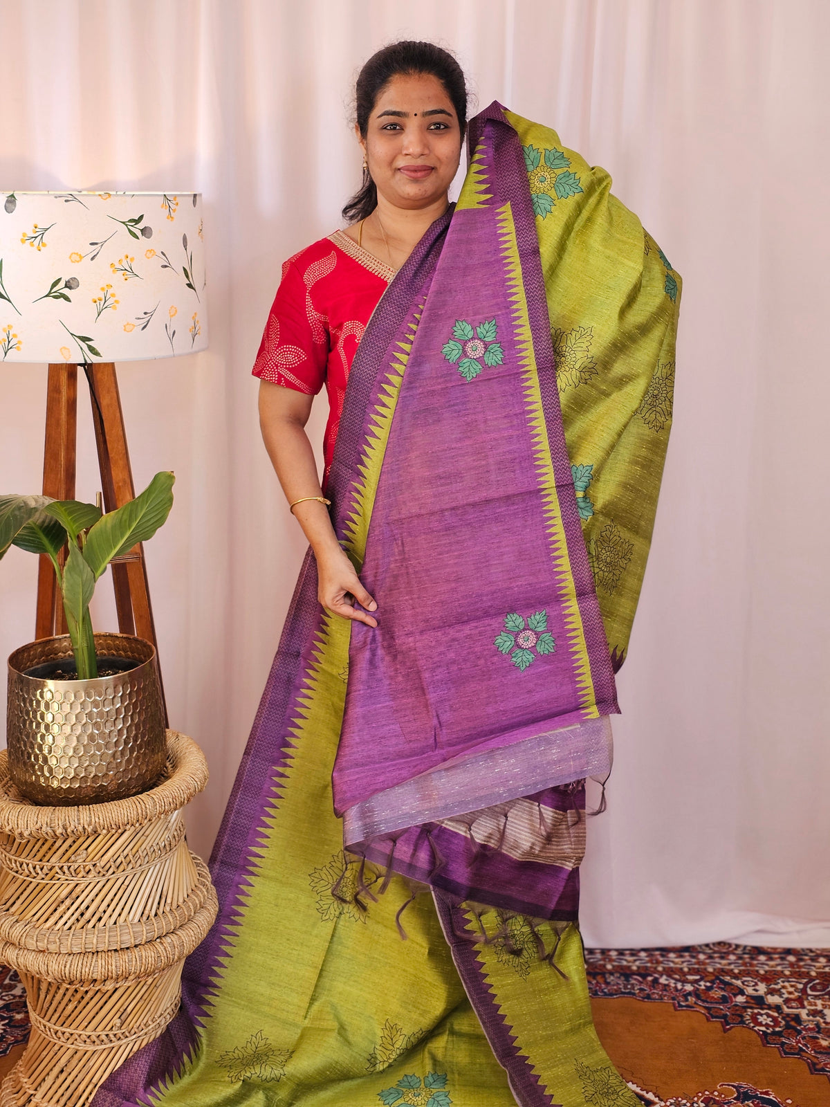 Premium Soft Semi Tussar with Digital Prints - Green with Purple