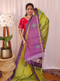 Premium Soft Semi Tussar with Digital Prints - Green with Purple