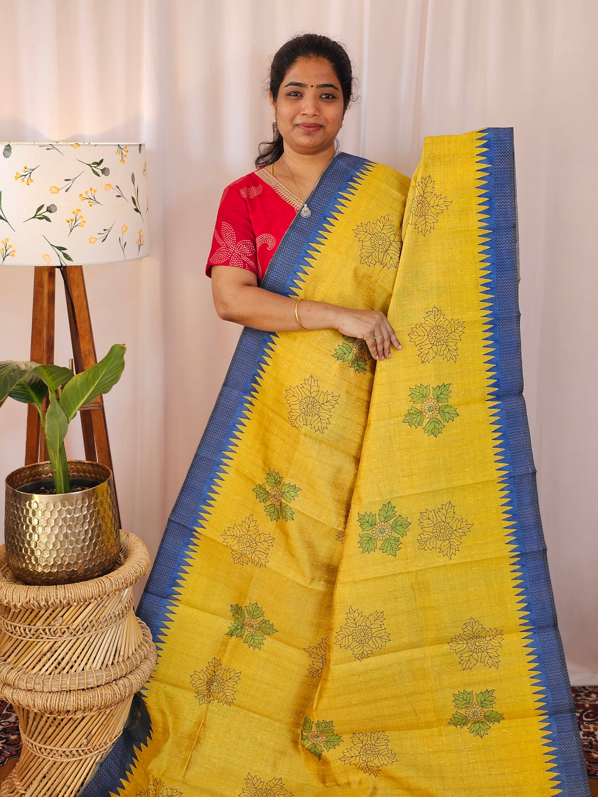 Premium Soft Semi Tussar with Digital Prints - Yellow with Blue