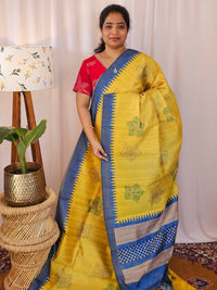 Premium Soft Semi Tussar with Digital Prints - Yellow with Blue