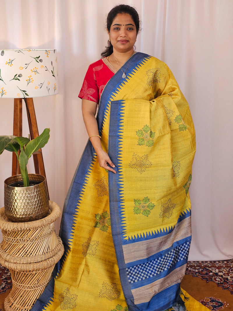 Premium Soft Semi Tussar with Digital Prints - Yellow with Blue