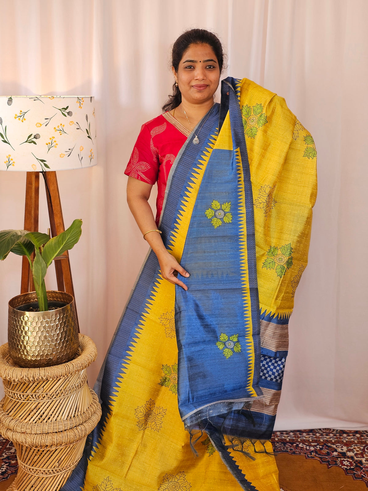 Premium Soft Semi Tussar with Digital Prints - Yellow with Blue