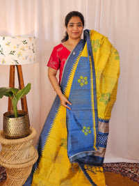 Premium Soft Semi Tussar with Digital Prints - Yellow with Blue