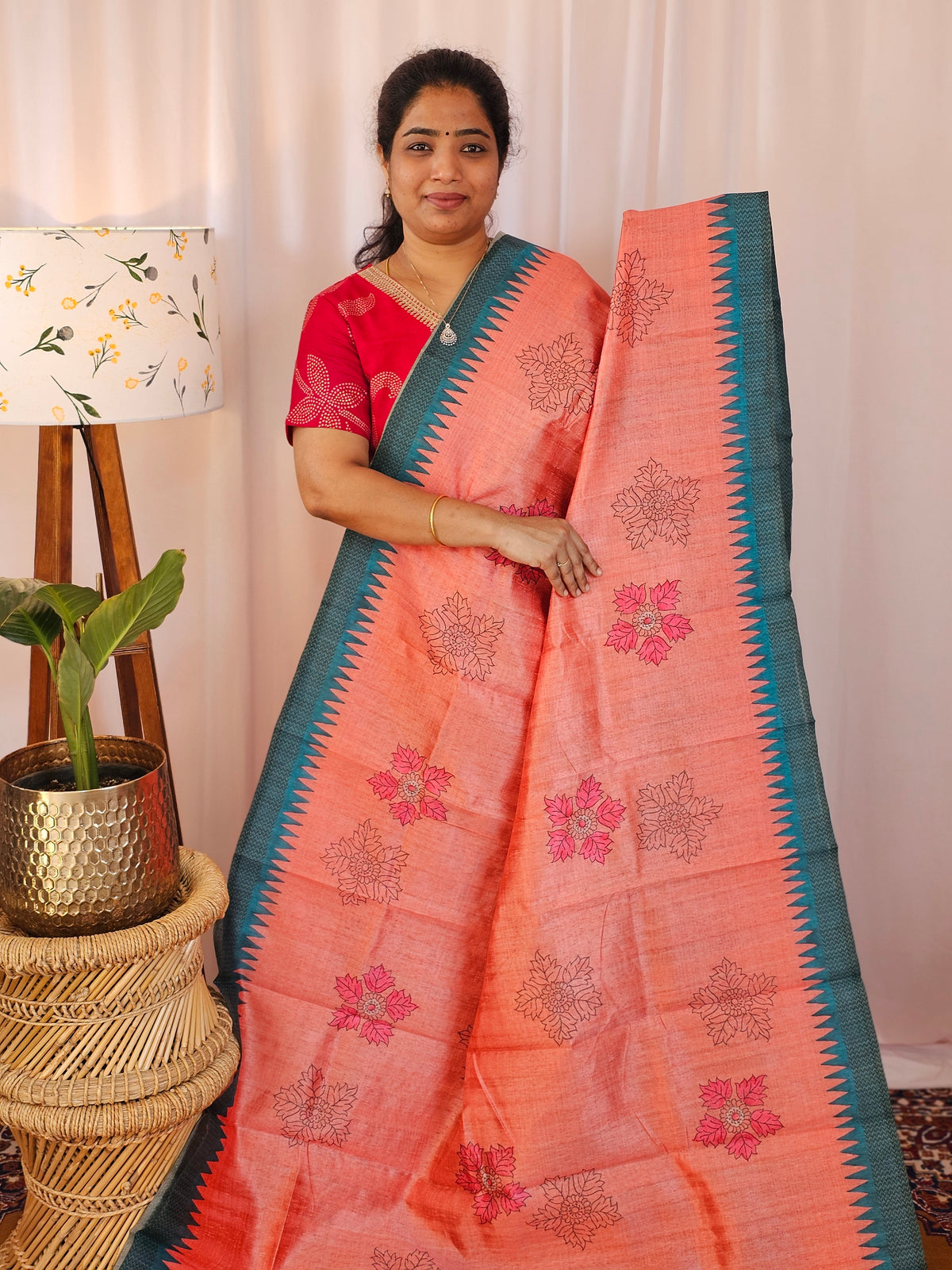 Premium Soft Semi Tussar with Digital Prints - Peach with Rama Green