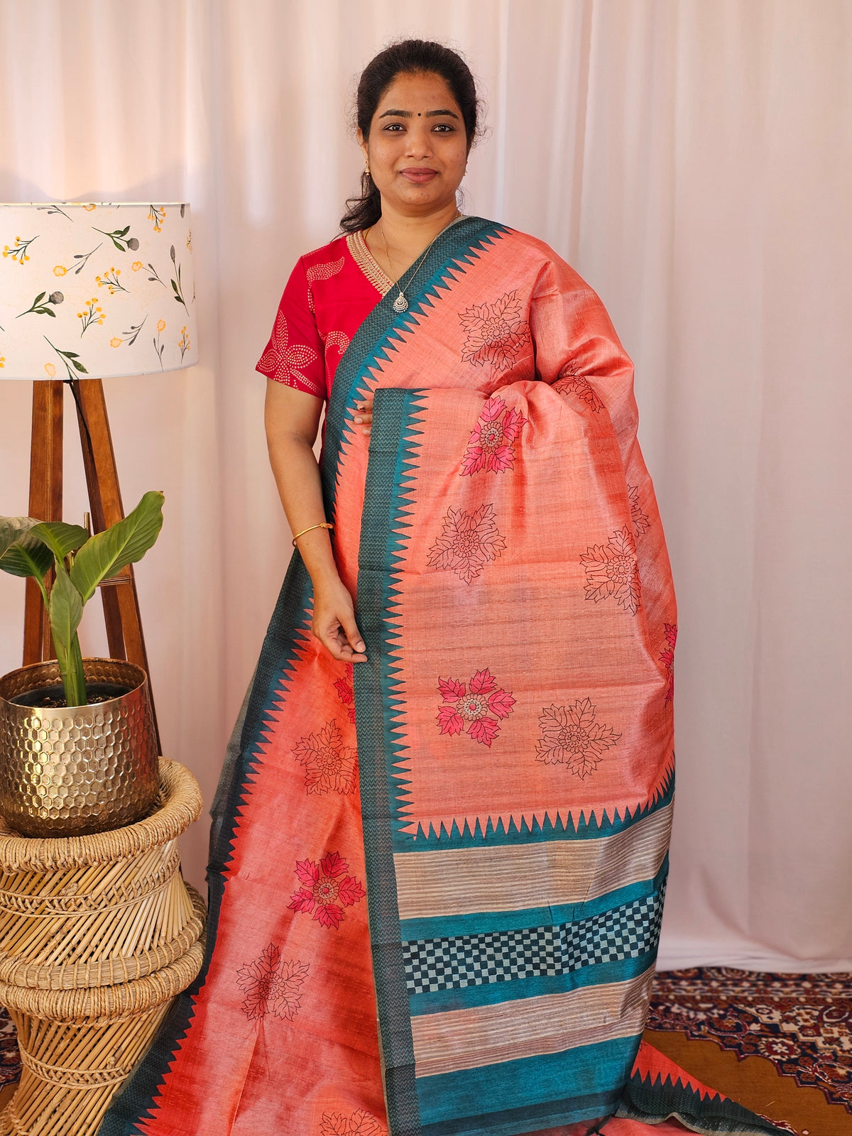 Premium Soft Semi Tussar with Digital Prints - Peach with Rama Green