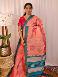 Premium Soft Semi Tussar with Digital Prints - Peach with Rama Green