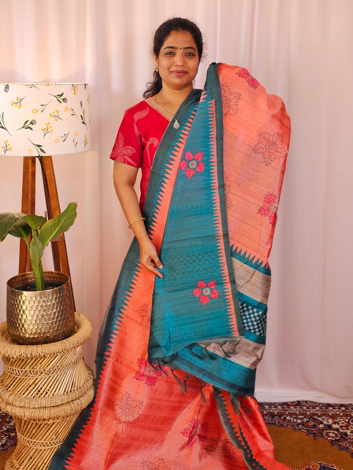 Premium Soft Semi Tussar with Digital Prints - Peach with Rama Green