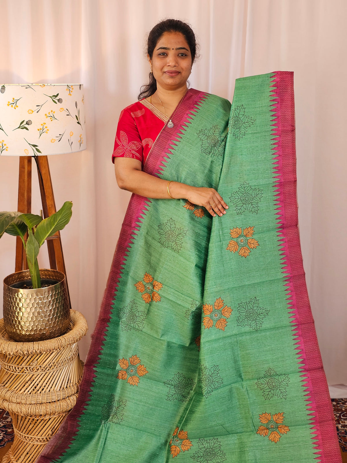 Premium Soft Semi Tussar with Digital Prints - Green with Pink