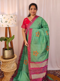 Premium Soft Semi Tussar with Digital Prints - Green with Pink