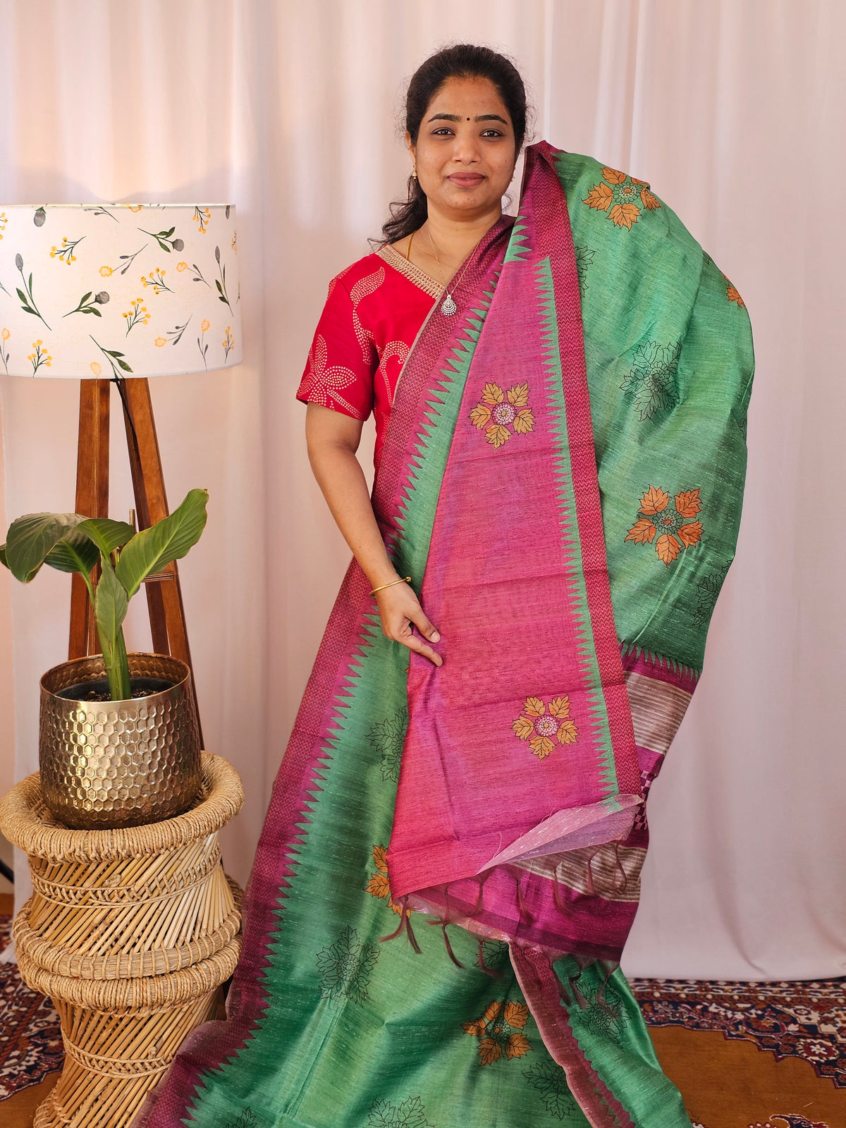 Premium Soft Semi Tussar with Digital Prints - Green with Pink