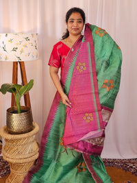 Premium Soft Semi Tussar with Digital Prints - Green with Pink