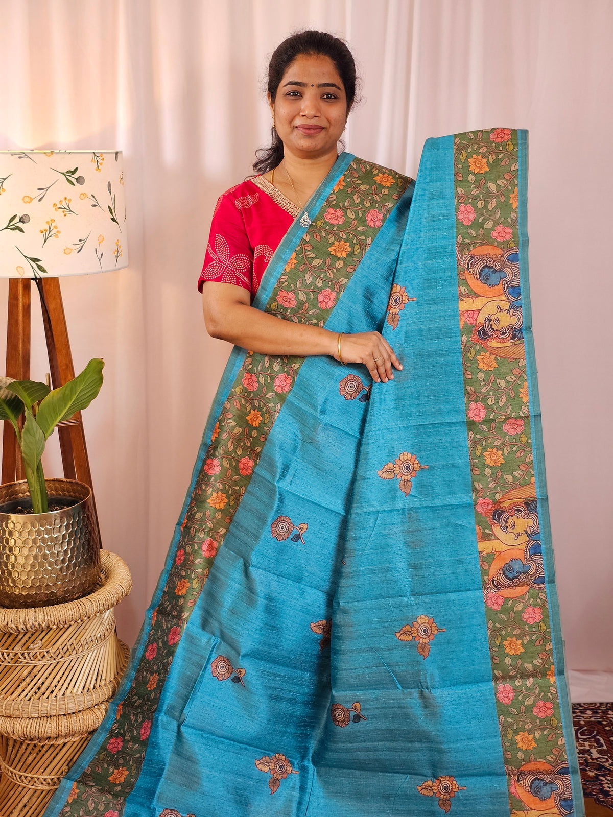 Premium Soft Semi Tussar with Digital Prints - Blue with Green