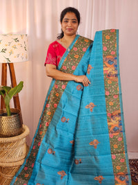 Premium Soft Semi Tussar with Digital Prints - Blue with Green