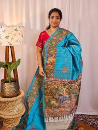 Premium Soft Semi Tussar with Digital Prints - Blue with Green