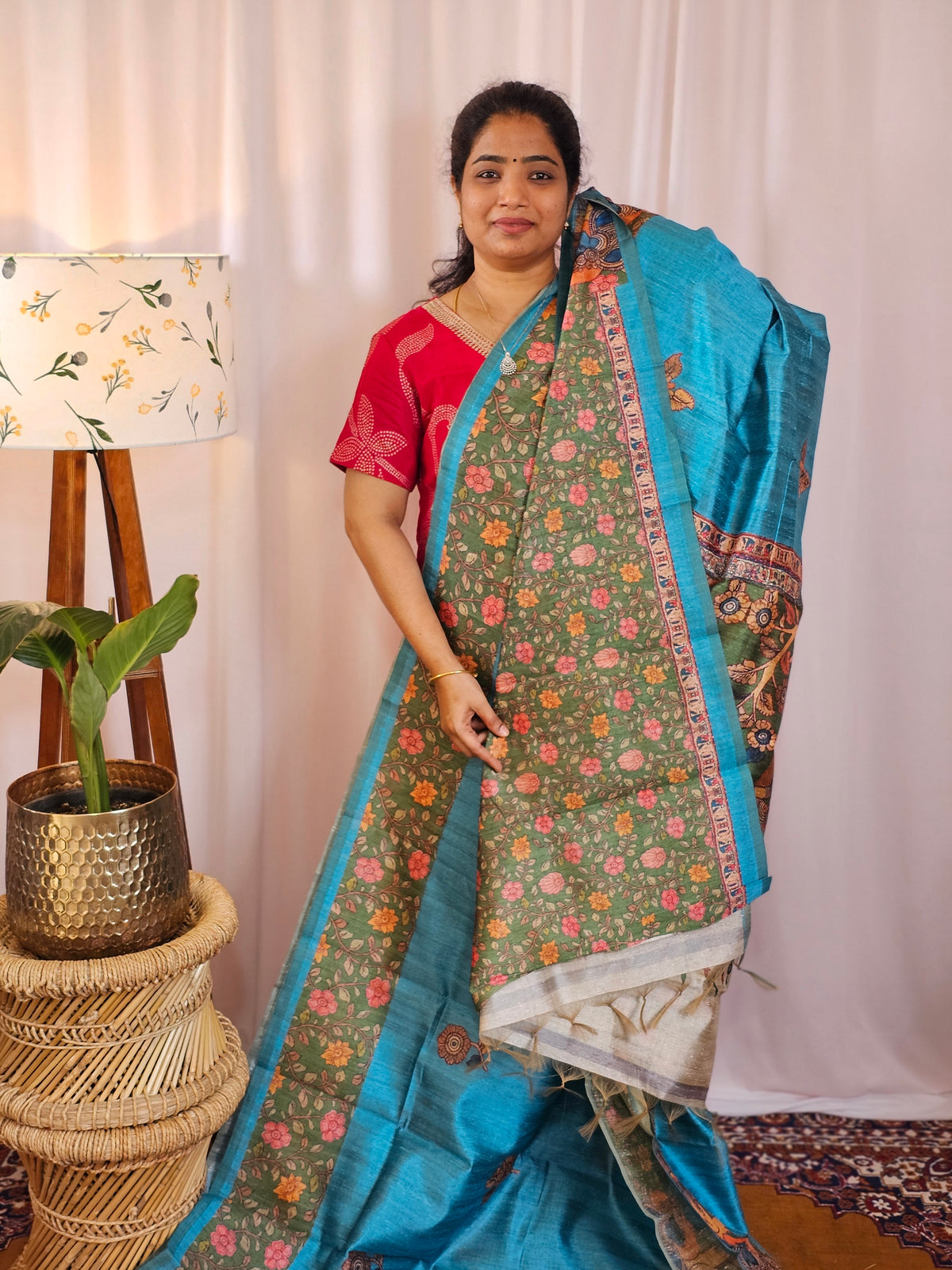 Premium Soft Semi Tussar with Digital Prints - Blue with Green
