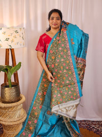 Premium Soft Semi Tussar with Digital Prints - Blue with Green