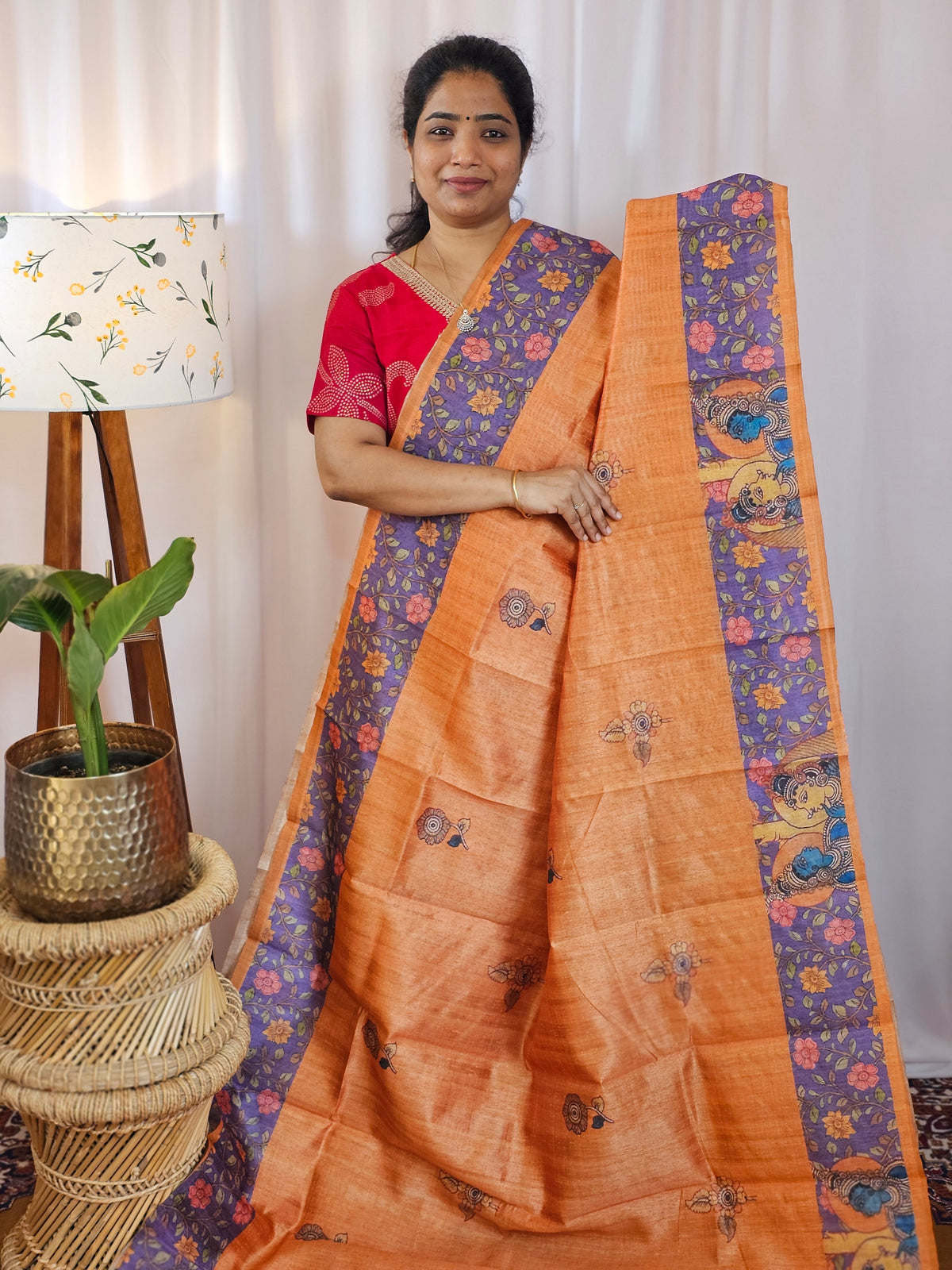 Premium Soft Semi Tussar with Digital Prints - Orange with Purple
