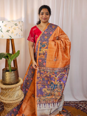 Premium Soft Semi Tussar with Digital Prints - Orange with Purple