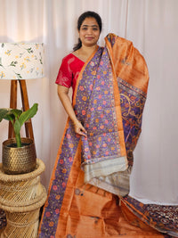 Premium Soft Semi Tussar with Digital Prints - Orange with Purple