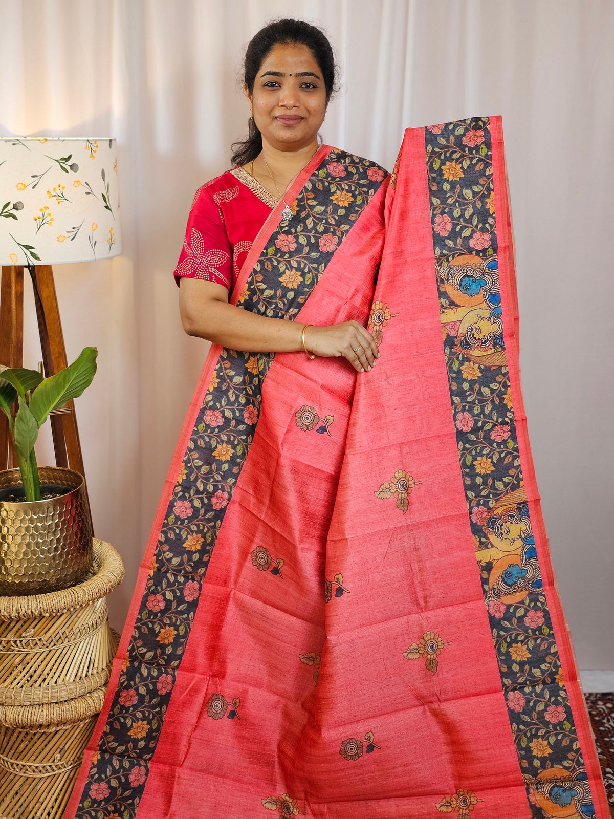 Premium Soft Semi Tussar with Digital Prints - Peach with Grey