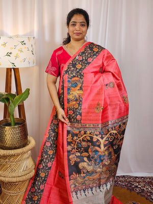 Premium Soft Semi Tussar with Digital Prints - Peach with Grey