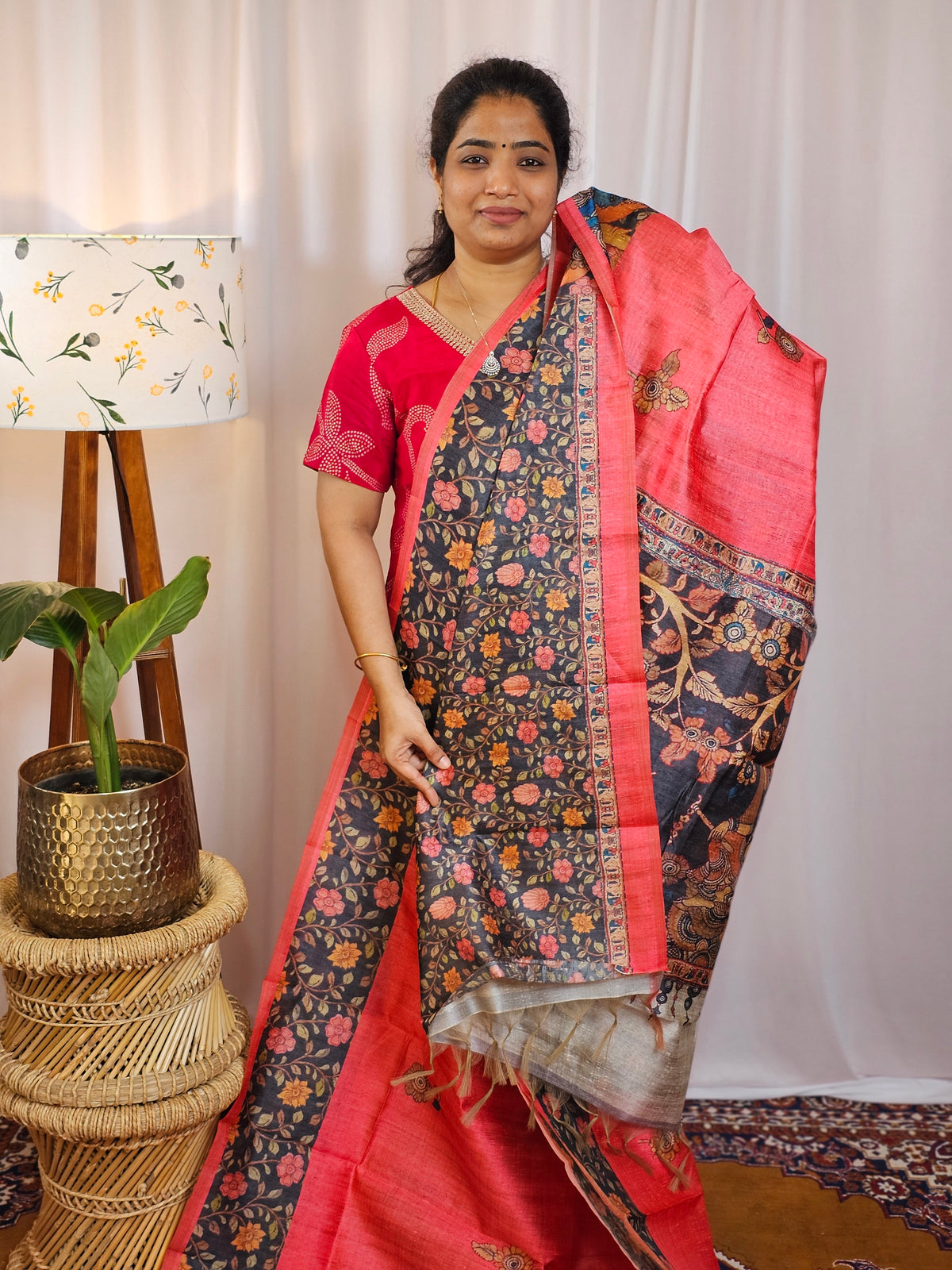 Premium Soft Semi Tussar with Digital Prints - Peach with Grey
