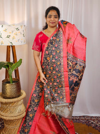 Premium Soft Semi Tussar with Digital Prints - Peach with Grey