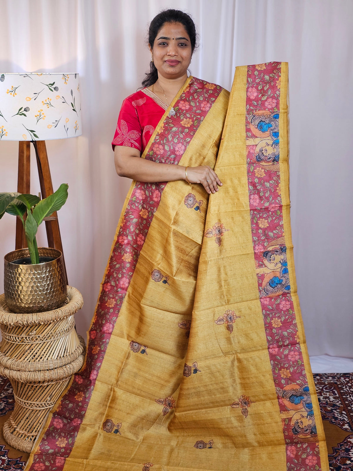 Premium Soft Semi Tussar with Digital Prints - Mustard Yellow with Maroon