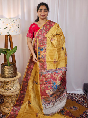 Premium Soft Semi Tussar with Digital Prints - Mustard Yellow with Maroon