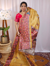 Premium Soft Semi Tussar with Digital Prints - Mustard Yellow with Maroon