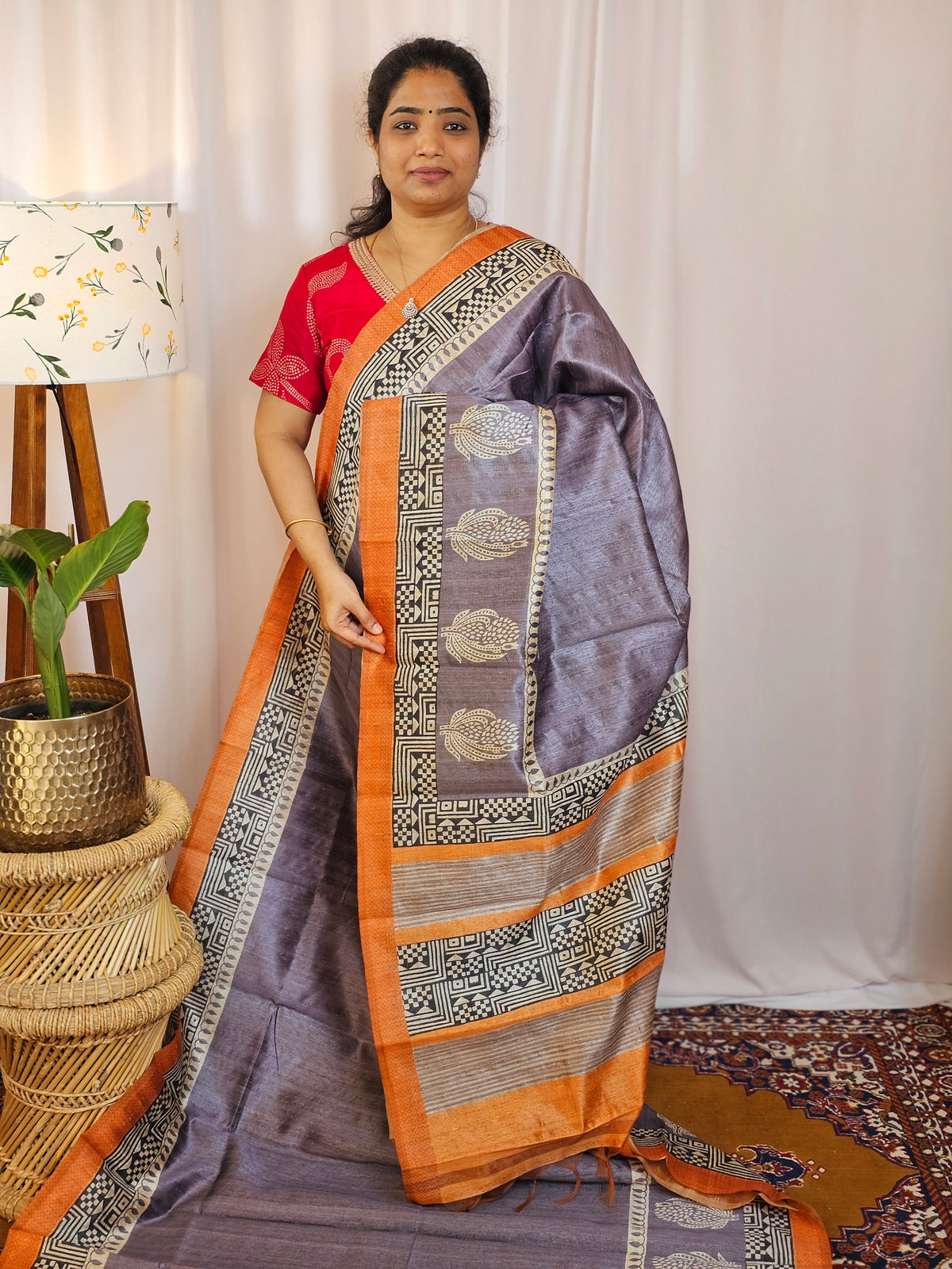 Premium Soft Semi Tussar with Digital Prints - Purple with Orange