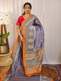 Premium Soft Semi Tussar with Digital Prints - Purple with Orange