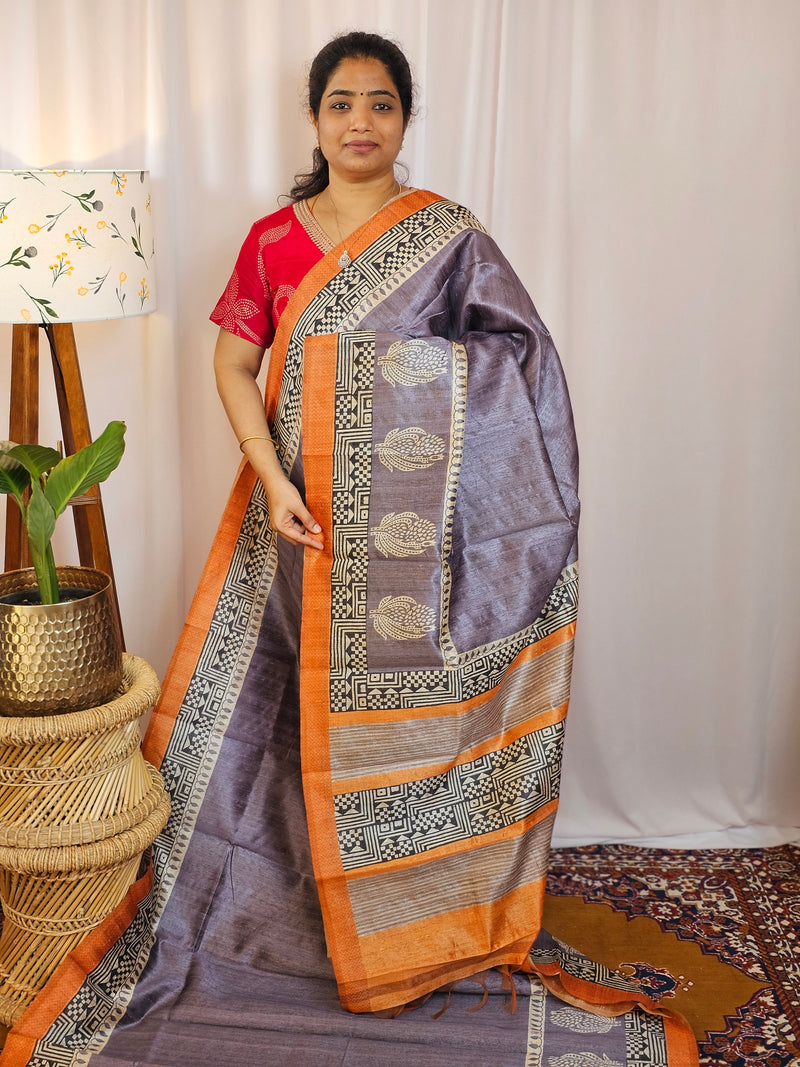 Premium Soft Semi Tussar with Digital Prints - Purple with Orange