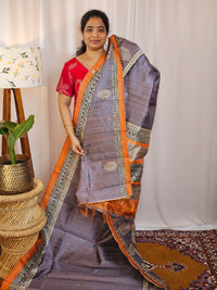 Premium Soft Semi Tussar with Digital Prints - Purple with Orange