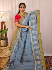 Premium Soft Semi Tussar with Digital Prints - Grey with Green