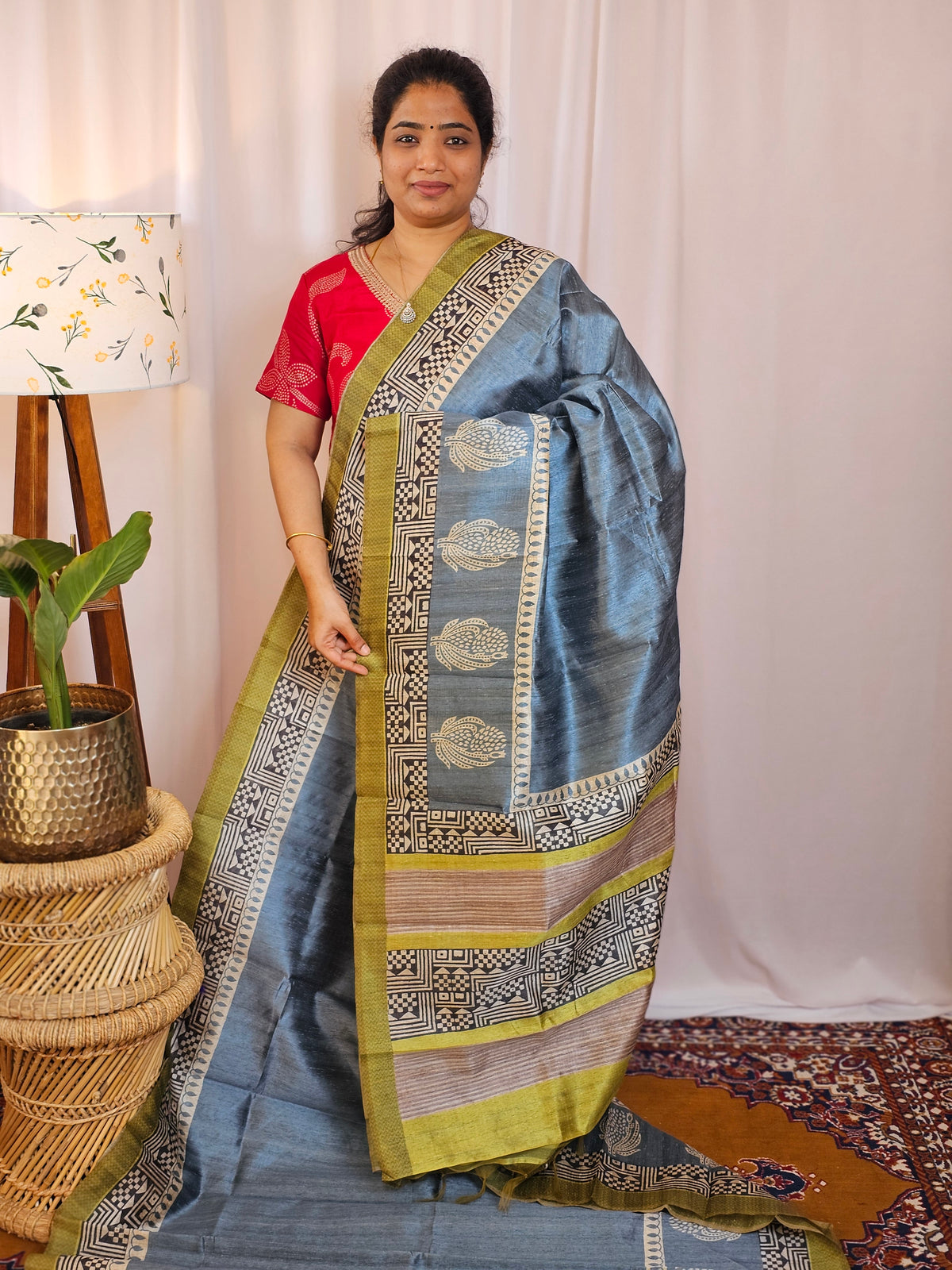 Premium Soft Semi Tussar with Digital Prints - Grey with Green