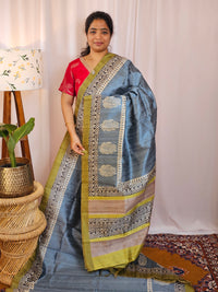 Premium Soft Semi Tussar with Digital Prints - Grey with Green