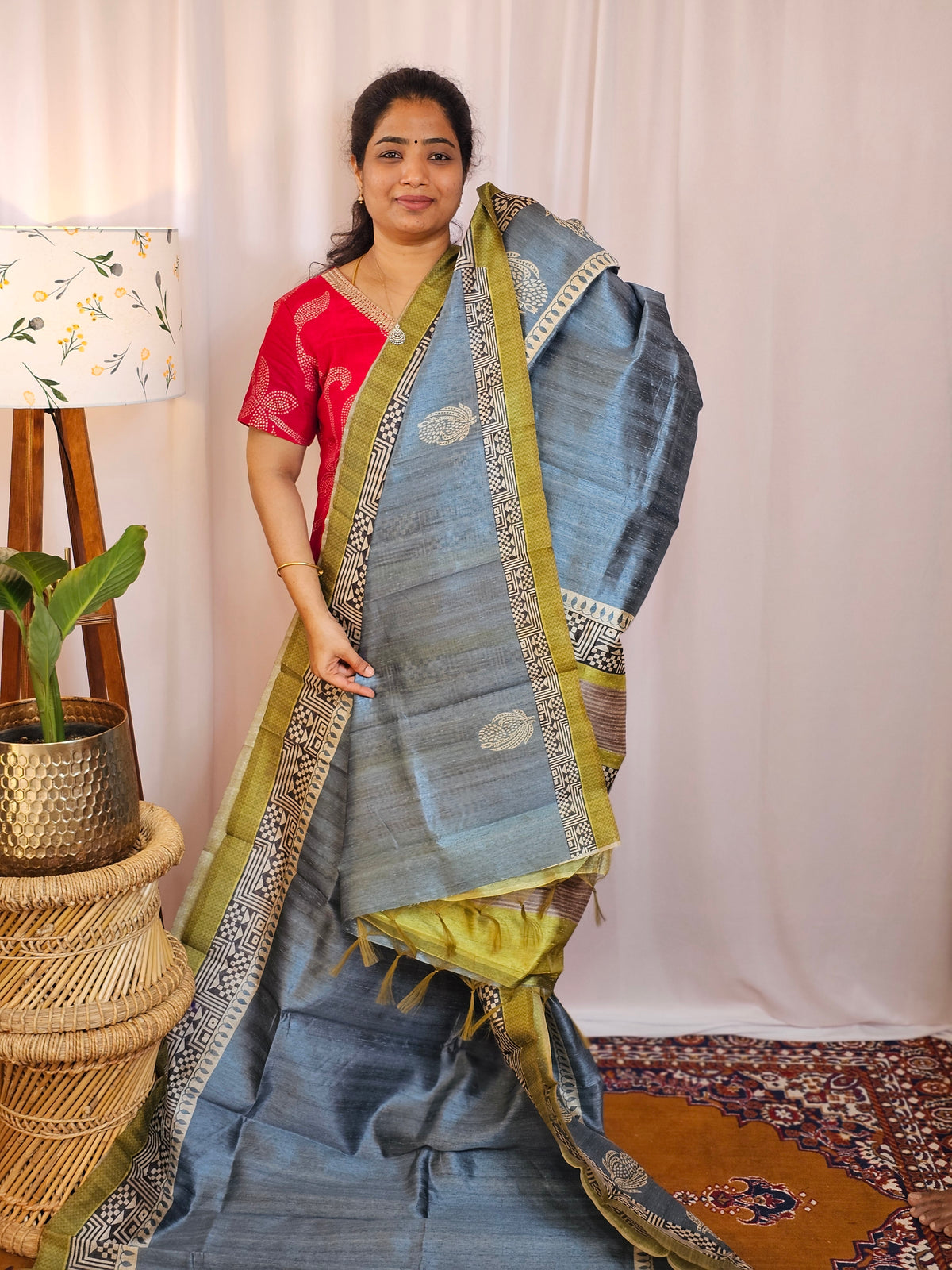 Premium Soft Semi Tussar with Digital Prints - Grey with Green