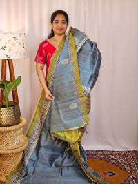 Premium Soft Semi Tussar with Digital Prints - Grey with Green