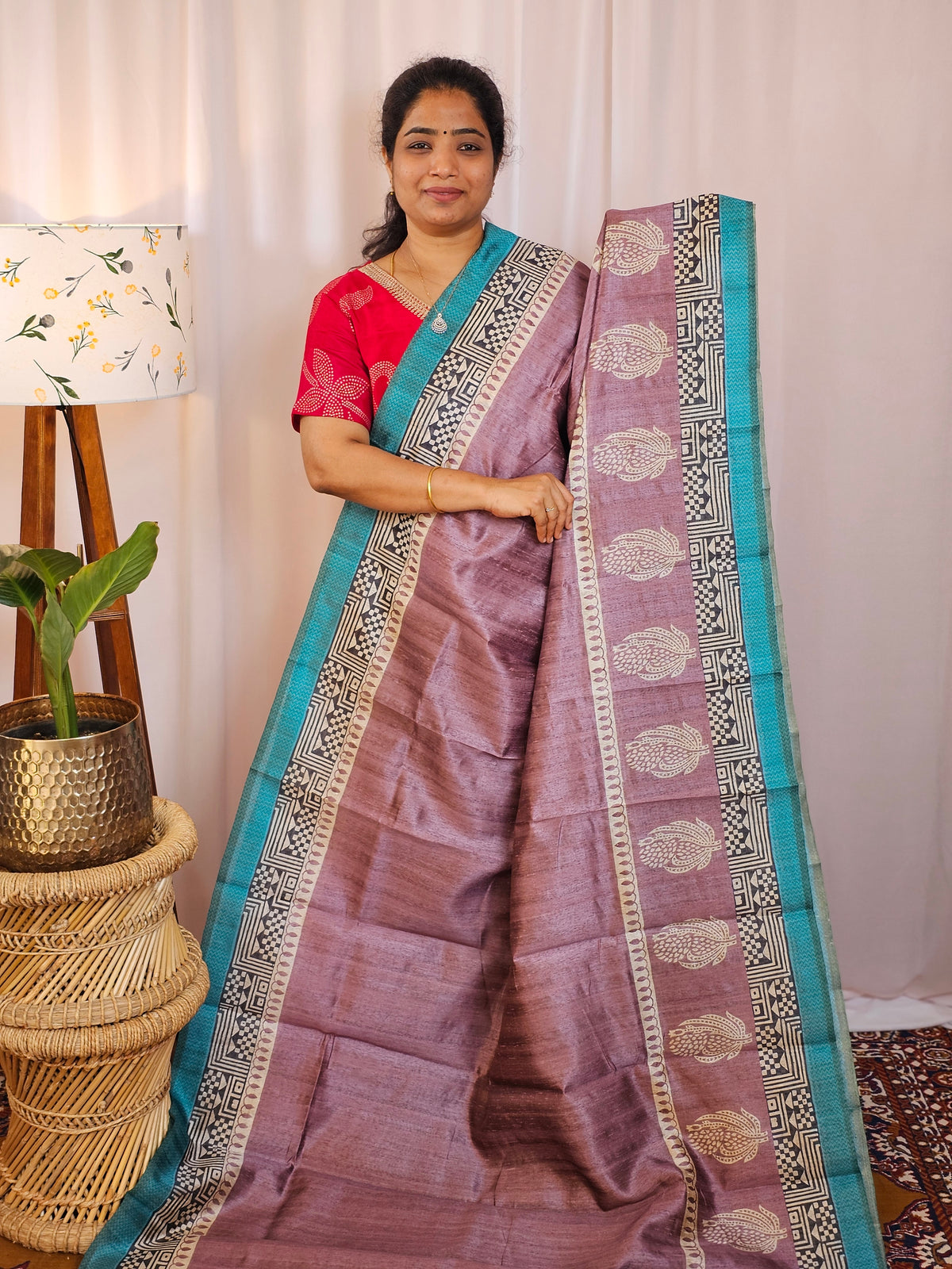 Premium Soft Semi Tussar with Digital Prints - Lavender with Blue