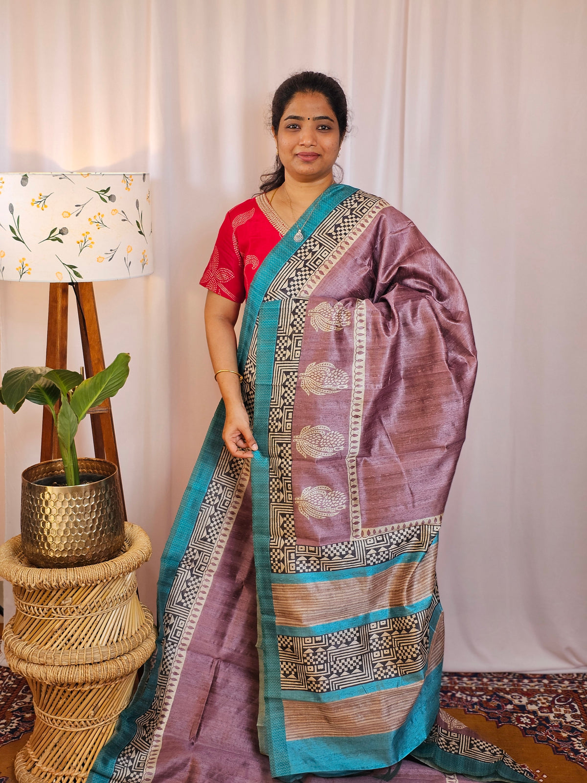 Premium Soft Semi Tussar with Digital Prints - Lavender with Blue