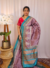 Premium Soft Semi Tussar with Digital Prints - Lavender with Blue