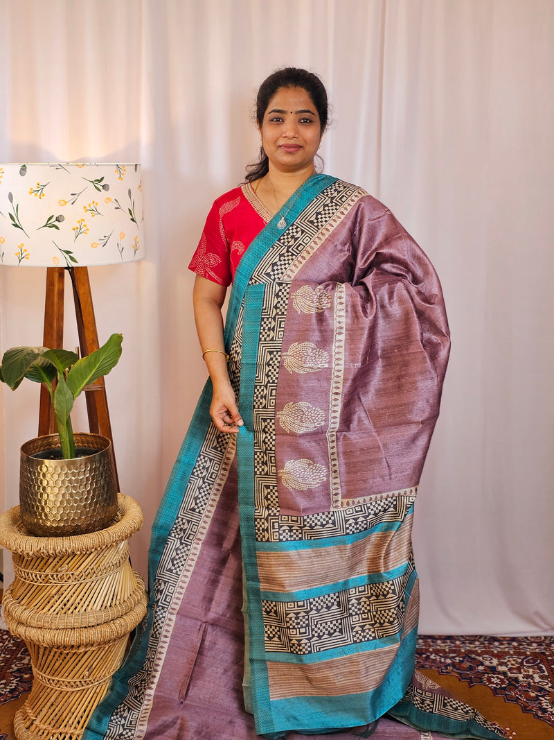 Premium Soft Semi Tussar with Digital Prints - Lavender with Blue