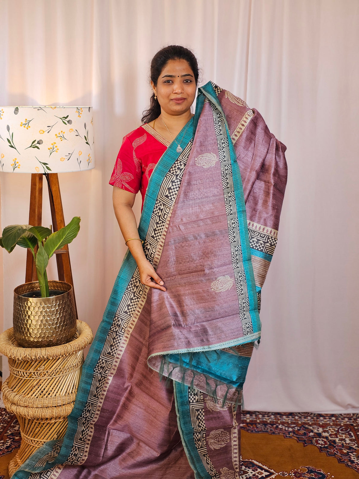 Premium Soft Semi Tussar with Digital Prints - Lavender with Blue