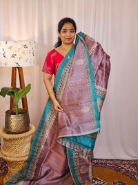 Premium Soft Semi Tussar with Digital Prints - Lavender with Blue