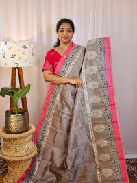 Premium Soft Semi Tussar with Digital Prints - Dark Beige with Pink