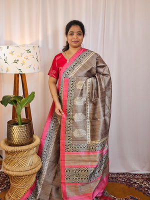 Premium Soft Semi Tussar with Digital Prints - Dark Beige with Pink