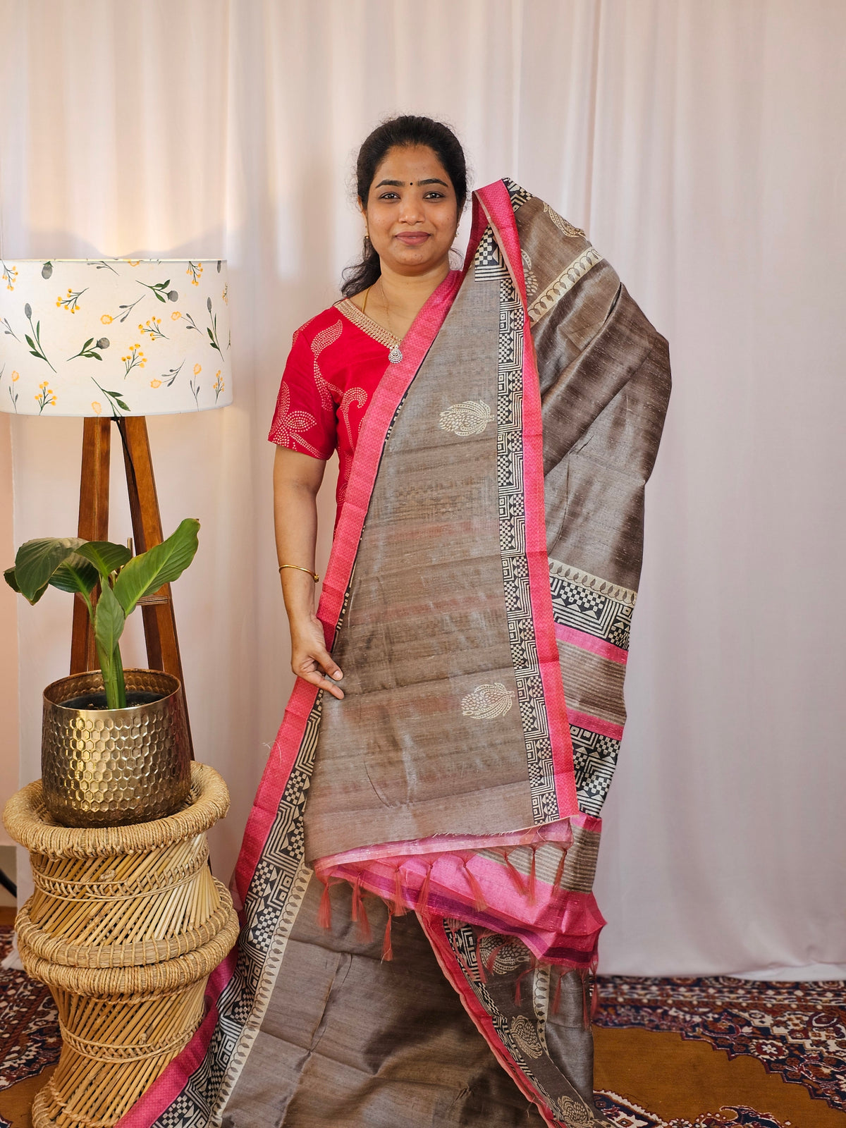 Premium Soft Semi Tussar with Digital Prints - Dark Beige with Pink