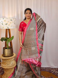 Premium Soft Semi Tussar with Digital Prints - Dark Beige with Pink
